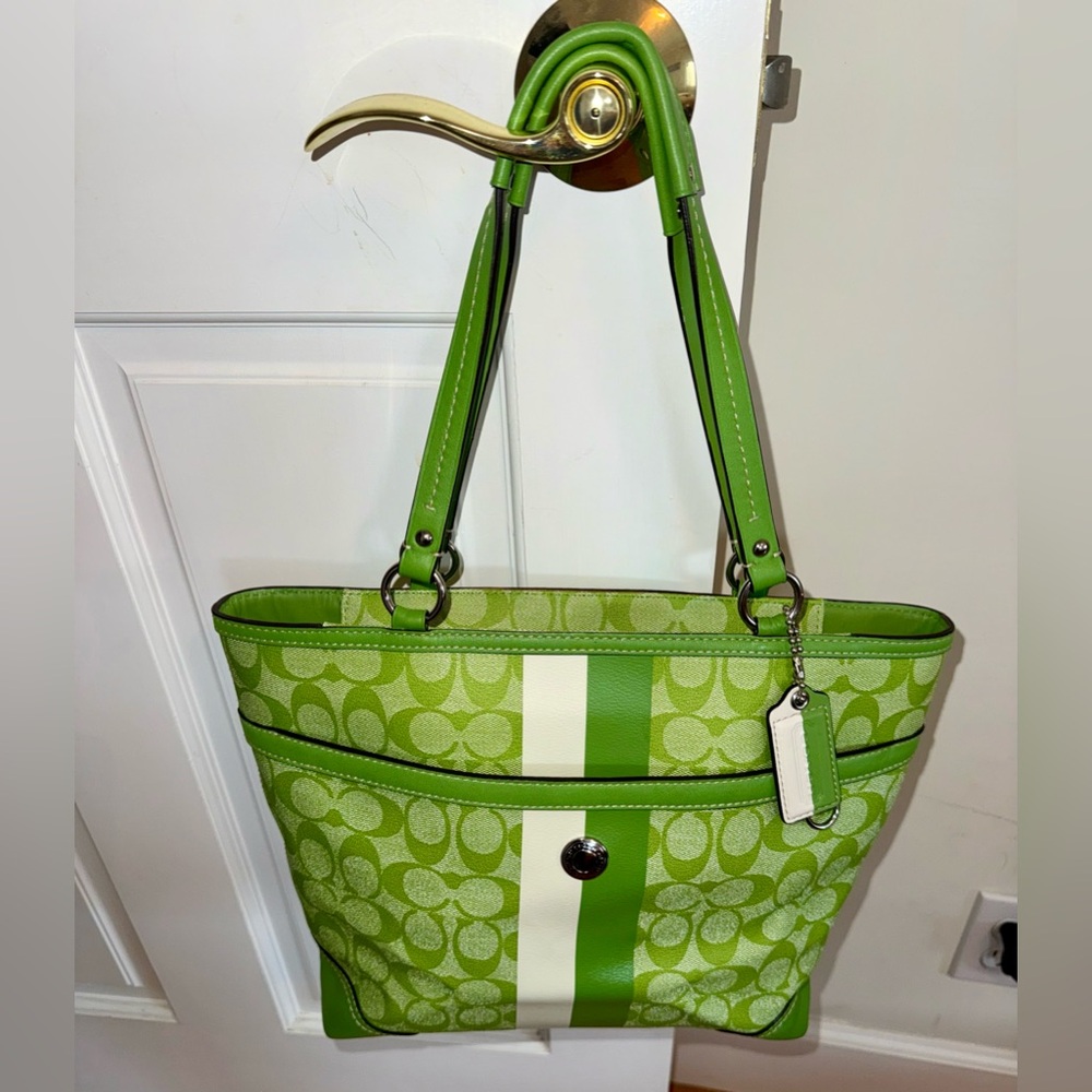 Coach Green and White Signature Tote